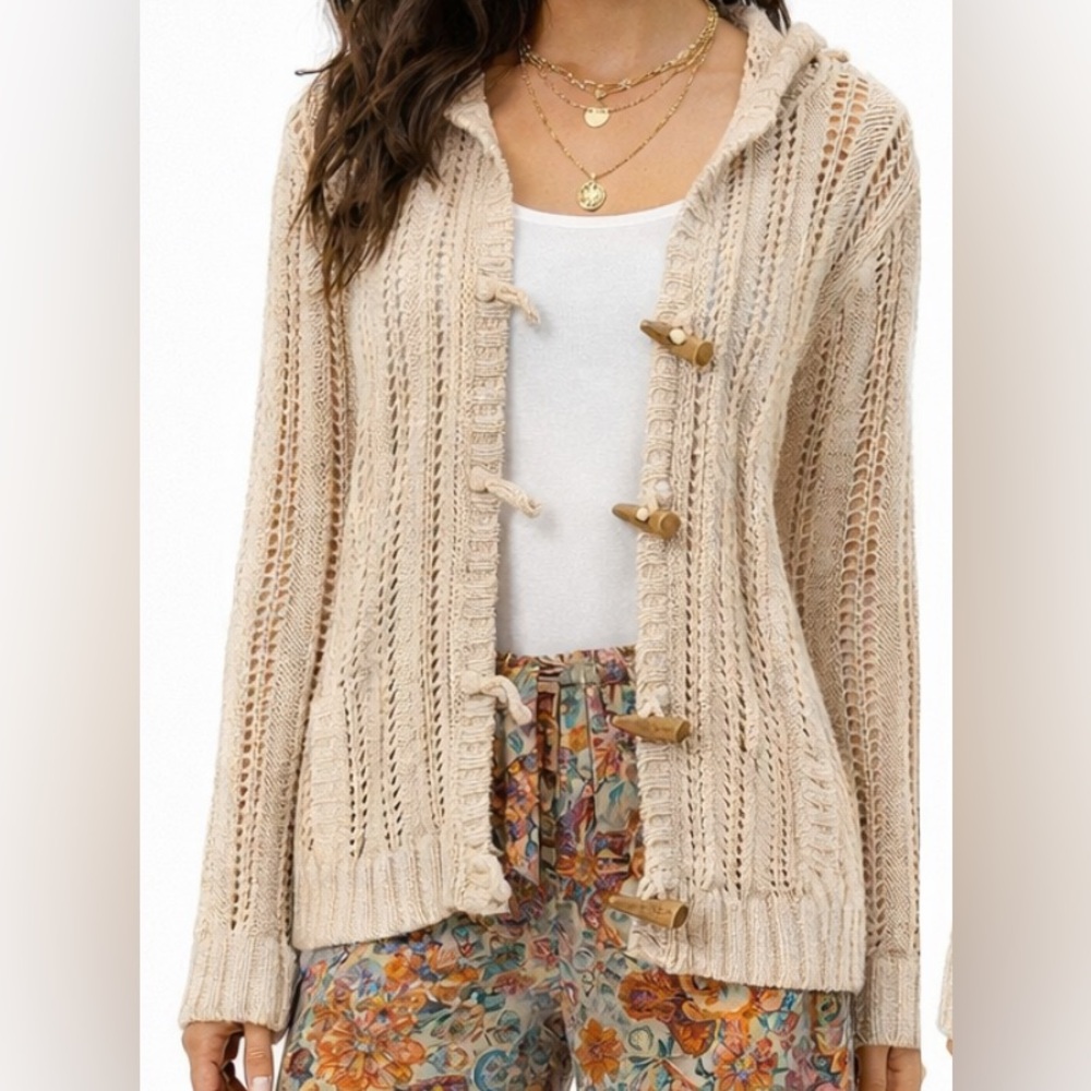 Beige Knit Hooded Cardigan Sweater Open-Knit Lightweight Hoodie, Casual Knitwear